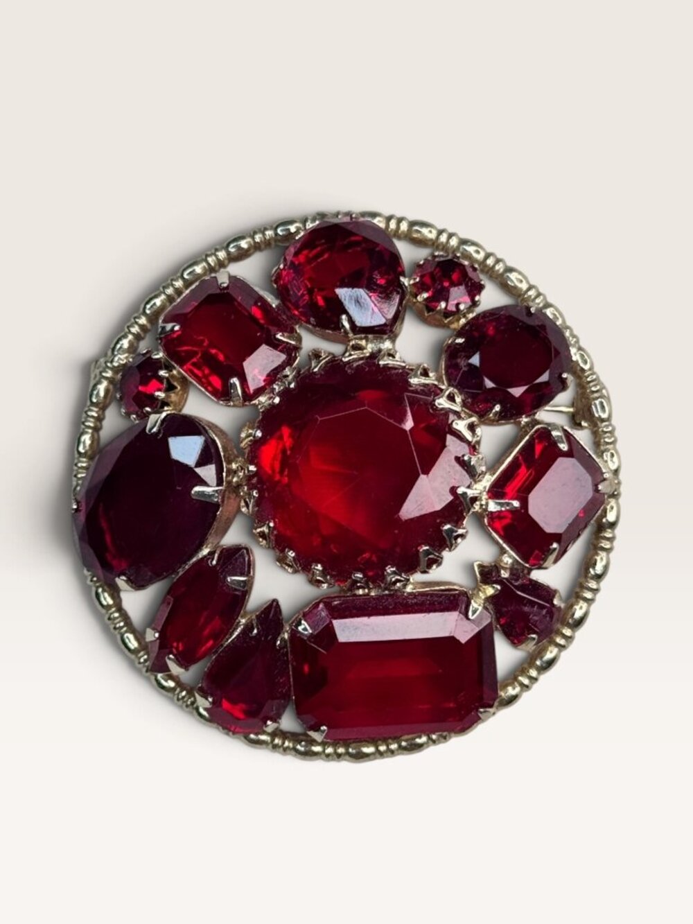 Mid Century 1950s Red Glass Crystal Rhinestone Gold Tone Brooch Domed Vintage